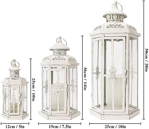 JHY DESIGN Set of 3 Decorative Candle Lanterns 20''&14"&10" H Outdoor Candle Lanterns Vintage Metal Cand leholder for Indoor Outdoor, Events, Parities and Weddings(White with Gold Brush) - Image 3