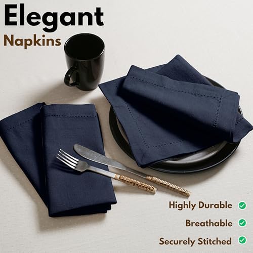 Native Fab Cloth Napkins Set of 12, Hemstitched Edges 100% Cotton, Washable Dinner Napkins 18x18 inch, Soft & Comfortable Reusable Table Napkins - Navy Blue - Image 3