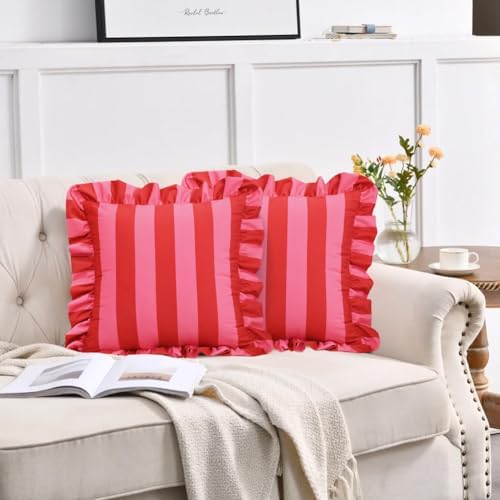 vctops Ruffle Square Throw Pillow Covers Boho Pink and Red Striped Decorative Pillowcases Set of 2, Soft Velvet Accent Cushion Cover Cases for Sofa Bed Living Room Decor (Pink,18"x18") - Image 2