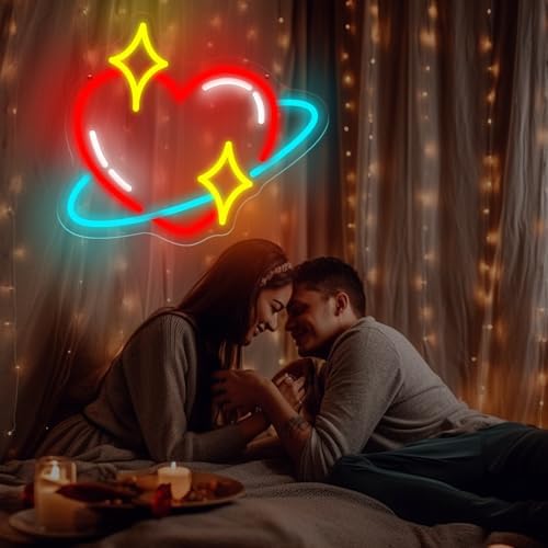 Heart Planet Neon Sign, 12.6" x 10.8" LED Love Heart & Star Ring Wall Light - Image 4