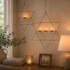 S/2 Star of David Magen Hanging Candle Holder Set Gold Metal Hanukkah Wall Decor with Tealight Holders Jewish Home Decor Party Holiday Decorations 24” & 17” - Image 4