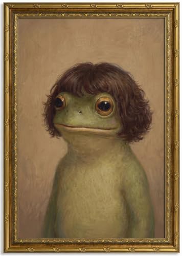 Gold Framed Funny Frog Portrait Wall Art, Quirky Canvas Print, 24x16 by Qzzrin