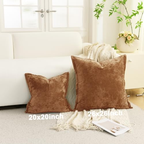 Greek Velvet Euro Sham Covers Set of 2 26x26 Luxury Soft Solid Pillow Covers for Living Room Bedroom Yard,Caramel - Image 4