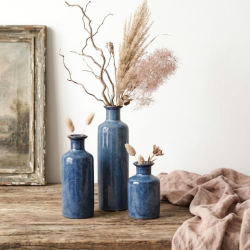 Ceramic Vase Set of 3, Deep Blue Glazed Bud Vases for Home Decor, Modern Farmhouse Decorative Blue Vases for Flowers, Table Centerpiece Set for Dining Room Living Room Kitchen Shelf Mantel - Image 4