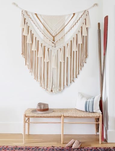 Jakalin Macrame Wall Hanging Tan Panels Boho Yarn Wall Art 31" Wx39 L - Image 4