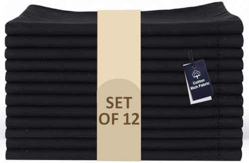LFH Home Hemstitched Cloth Dinner Napkins 18x18 Inch Set of 12 - Reusable 100% Cotton Machine Washable Cocktail Napkins with Metered Corners for Daily, Party, Wedding, Bar Use - Black by LFHHomePrivateLimited