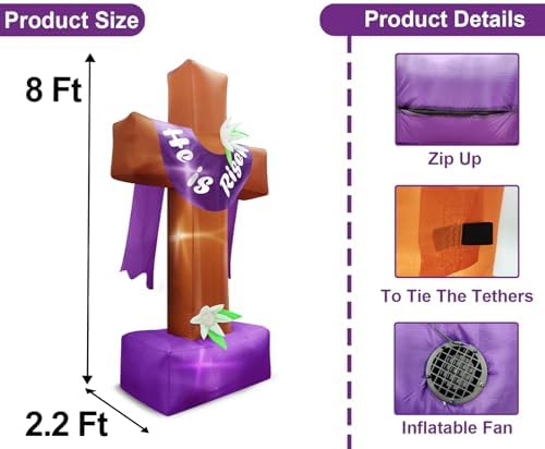 8 Ft Easter Inflatable Cross Outdoor Decoration, Blow Up He is Risen Yard Decorations with Built-in LED Lights Easter Party Decor Yard Garden Lawn Indoor Outdoor Home - Image 2
