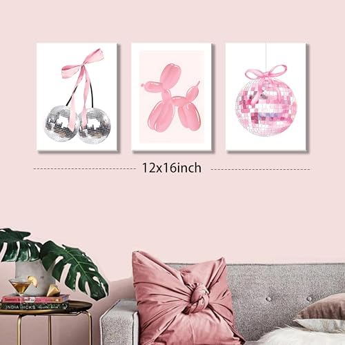 Framed Pink Disco Ball Wall Art Set of 3, Cute Cherry with Bows and Balloon Dog Posters Print, Trendy Pink Aesthetic Party Wall Decor for Teen Girls Bedroom Dorm Apartment 12x16in - Image 3