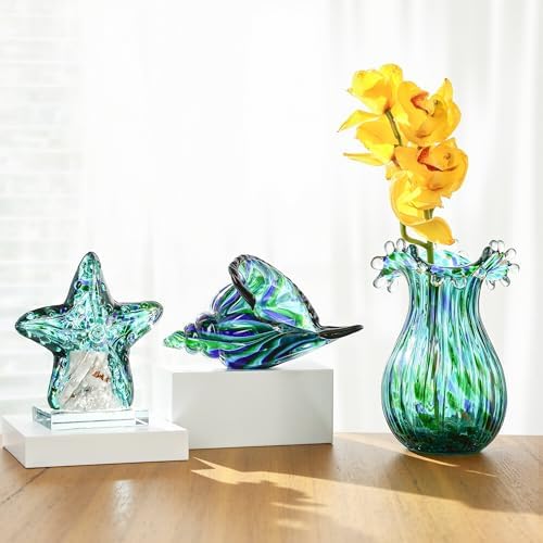 Green Glass Bubble Vase for Flowers, 8.5" Blown Glass Vase for Home Decor - Image 3
