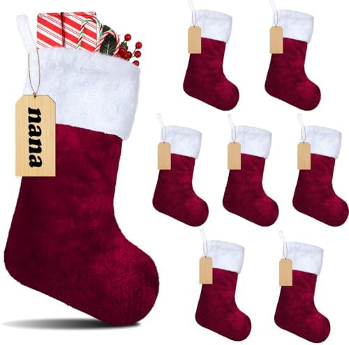 8 Set Christmas Stockings 18 Inch with Wood Name Tags, Burgundy by Glimin