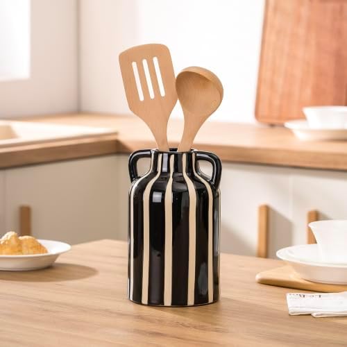 SURE YUESI Black Ceramic Vase with Handles, Modern Farmhouse Striped Decorative Vase, 9.1" Art Deco Tall Flower Vases for Pampas Grass, Shelf Decor, Dining Table Centerpiece, Living Room Home Decor - Image 4