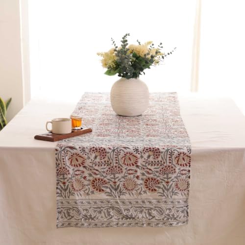 Hand Block Printed Cotton Table Runner, Machine Washable Cotton Runner, Boho Floral Dining Room Accent for Large Dining Tables and Console Displays, 18x90 Inches - Red & Grey - Image 3