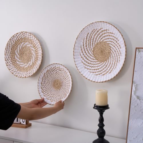 Deosur 3PCS Boho Wall Basket Decor – Handmade Bulrush Woven Tray Baskets for Wall Hanging, Rustic Farmhouse Wall Art for Living Room & Bedroom (White) - Image 2