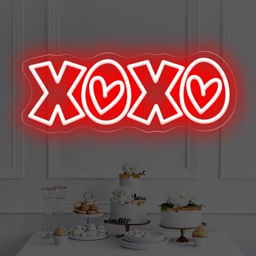 XOXO Neon Sign, Red 15″ × 5.7″ LED Light with Romantic Heart Accents by DUOLIYBC