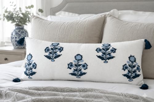 Blue Floral Hand Embroidered 14x36 Lumbar Pillow Cover, Ivory - Image 2