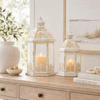 Lanterns Decorative Outdoor&Indoor, Set of 2 (15"&11") Beige Metal Lantern Decor with Glass, Candle Holder for Porch, Patio, Garden, Fall, Wedding, Christmas, Table Centerpiece - Image 5