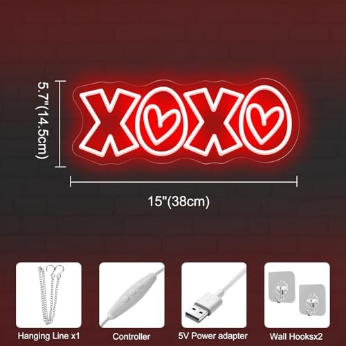 XOXO Neon Sign, Red 15″ × 5.7″ LED Light with Romantic Heart Accents - Image 3