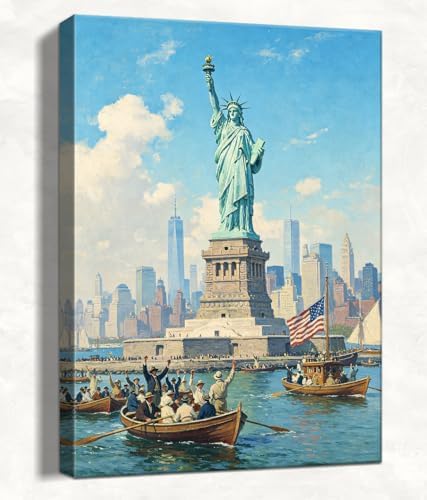 Patriotic Statue of Liberty Canvas Wall Art 4th of July New York Harbor Oil Painting USA Flag Vintage NYC Skyline Wall Decor Independence Day American Home Decor 16x24in by HomeifHue