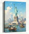 Patriotic Statue of Liberty Canvas Wall Art 4th of July New York Harbor Oil Painting USA Flag Vintage NYC Skyline Wall Decor Independence Day American Home Decor 20x24in by HomeifHue