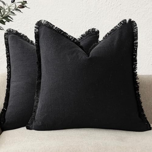 Foindtower Decorative Linen Fringe Throw Pillow Covers 26×26 Inch,Black by Foindtower