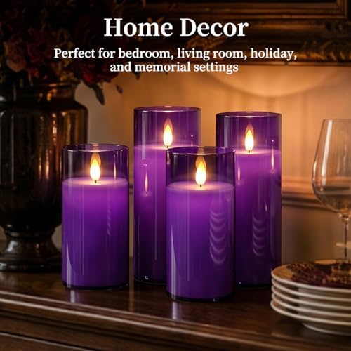 Homemory Purple Flickering Flameless Candles, Battery Operated Acrylic LED Pillar Candles with Remote Control and Timer, Purple Decor, Set of 9 - Image 5