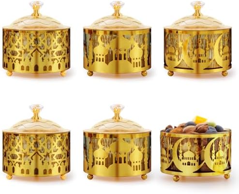 6 Pcs Ramadan Trays with Lid Metal Gold Moon Castle Star Arabesque Eid Mubarak Tray, Plate, Food Storage Container for Serving Cookie Candy Pastry Dessert Eid Party Display by Unknown