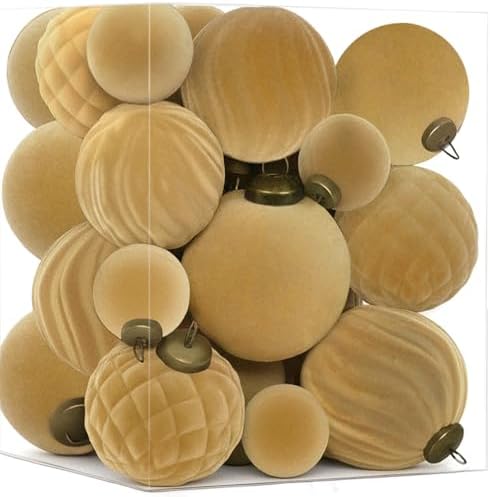 XmasExp 36PCS Velvet Christmas Ornaments Set Mixed Flocked Balls Ornaments Shatterproof Christmas Tree Decorations for Holiday,Party,Home(Light Coffee by XmasExp