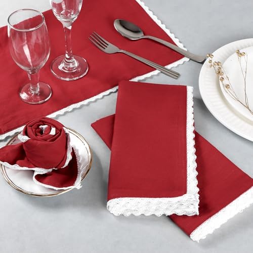 FINGERCRAFT Lace Cloth Napkins, 100% Cotton, 12 Pack, 20x20 Inch, Tango Red - Image 4