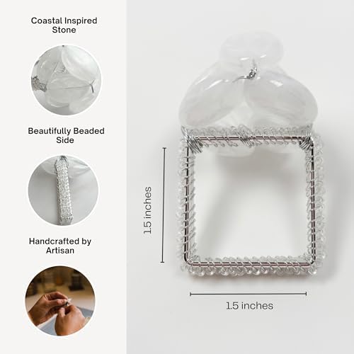 Beaded Stone Napkin Rings – Handcrafted Acrylic Holders, Set of 4, White - Image 3