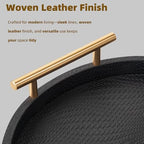 2 Piece Black Round Serving Tray with Handles, Woven-Texture Faux Leather Ottoman Tray for Living Room, Decorative Tray for Coffee Table Home Decor - Image 5