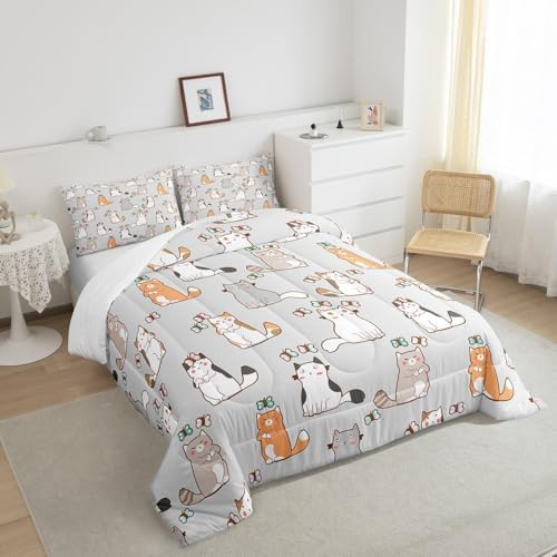 Cartoon Cat Bedding Set King For Kids Boys Girls, Butterfly Decor Comforter Room Decor, Kawaii Animal Kitten Duvet Set Cute Pet Theme Down Comforter, White Gray Orange Garfield Bedding Comforter Sets - Image 4