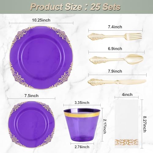 Bestluck 175PCS Clear Purple Plastic Plates for 25 Guests - Image 2