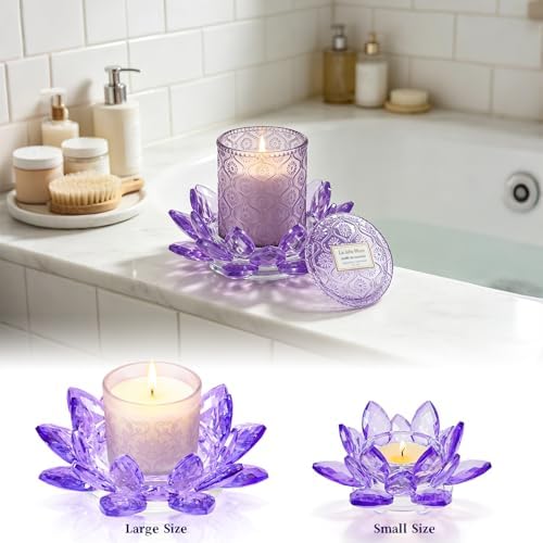 Large Crystal Lotus Tealight Candle Holder for Up to 6" Diameter Pillar Candle Plate Candlestick,Chunky Glass Votive Stand for Wedding, Party, Table Centerpiece Decor and Yoga Meditation (2, Purple) - Image 5
