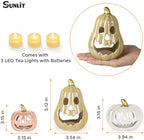 Sunlit Ceramic Pumpkin with 3 Tea Lights, Jack O Lantern Candle Holder Set of 3, Tabletop Indoor Halloween Decorations for Holiday Party Home, Pearl Finish - Image 3