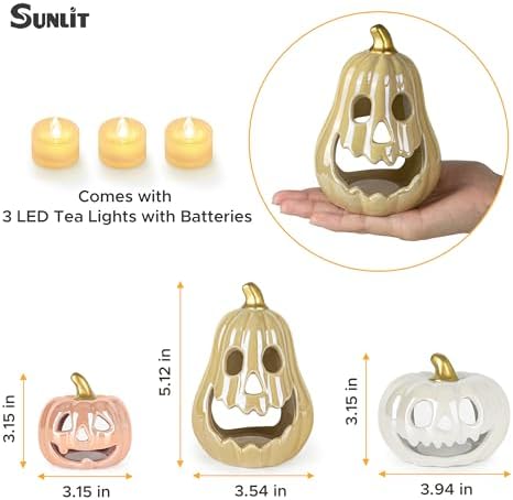 Sunlit Ceramic Pumpkin with 3 Tea Lights, Jack O Lantern Candle Holder Set of 3, Tabletop Indoor Halloween Decorations for Holiday Party Home, Pearl Finish - Image 3