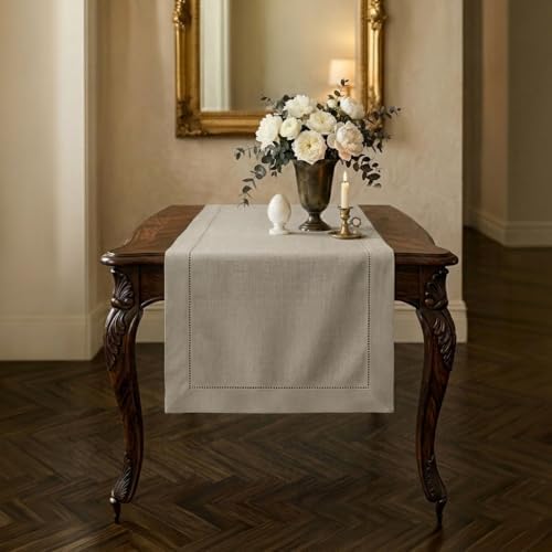 Signature Linen™ by D'Moksha, Natural Table Runner 48 Inches, 100% Pure Linen, Hemstitch, Coffee Table Runner, 14 x 48 Inch for Dresser Tables- Fall, Weddings, Outdoor Hosting by DMokshaHomes