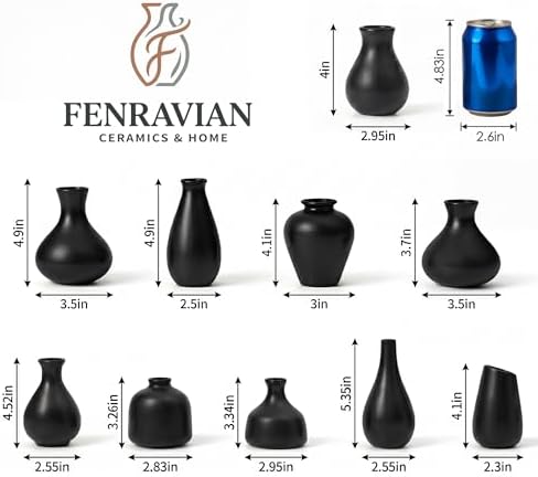 Black Ceramic Bud Vase Set of 10, Small Vases for Pampas Grass, Flowers, Mini Vases for Modern Home Decor, Minimalist Decor, for Living Room, Dining Table & Shelves - Image 3