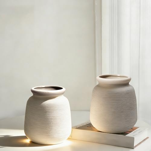 Ceramic Vase Set of 2 Ribbed Matte Rustic Farmhouse Decor by Unknown