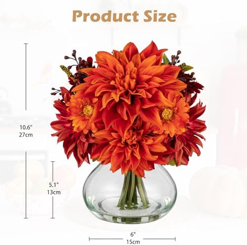 Briful Faux Fall Flowers in Vase, Artificial Dahlia & Mum Silk Floral Arrangement with Clear Glass Vase Fake Autumn Flowers Bouquet for Home Office Dining Room Table Centerpiece Decoration - Image 2