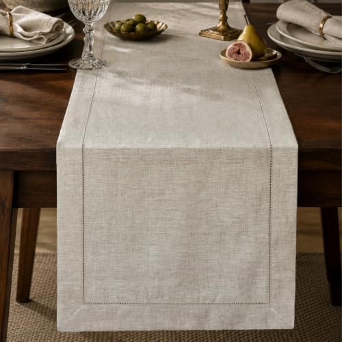 KINGSTONE 100% Pure French Linen Table Runner 72 Inches Long, Natural Hemstitch Tablecloth with Mitered Corners, Crease-Free Scroll Packaging, 14x72 for Easter, Mother's Day, Farmhouse Decor by KINGSTONE