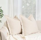 ZWJD Throw Pillow Covers 18x18 Set of 2 Striped Pillow Covers with Fringe Chic Cotton Decorative Pillows Square Cushion Covers for Sofa Couch Bed Living Room Farmhouse Decor, (Khaki) - Image 2