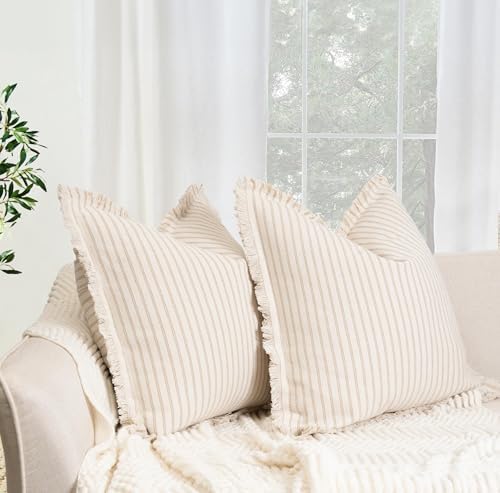 ZWJD Throw Pillow Covers 18x18 Set of 2 Striped Pillow Covers with Fringe Chic Cotton Decorative Pillows Square Cushion Covers for Sofa Couch Bed Living Room Farmhouse Decor, (Khaki) - Image 2