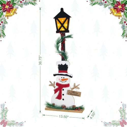 Glitzhome 36.75" H Lighted Christmas Snowman Porch Sign,Whimsical Wooden Porch Decor with Illuminated Street Lamp & Timer,Merry Christmas Sign for Holiday Front Porch Outdoor Decorations - Image 2