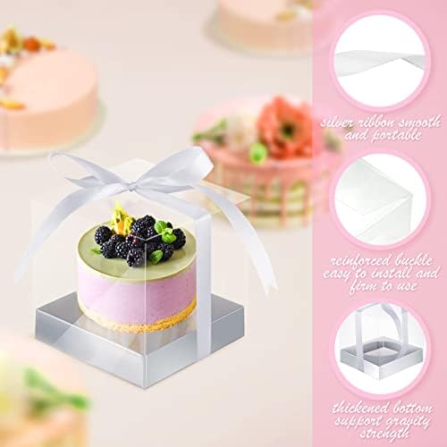 Gerrii 100 Pcs Clear Plastic Individual Cupcake Boxes 3.5" Single Cupcake Containers Transparent Ornament Gift Box with Inserts and Ribbon for Wedding Baby Shower Party Favor (Silver) - Image 3
