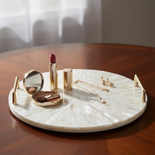 PEMAR Mother of Pearl Decorative Tray, 13" Round with Gold Metal Handles, Vanity/Perfume/Trinket Tray, Catchall for Dresser, Bathroom, Vanity Table (White Sunlight) - Image 4