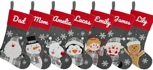 Set of 7, 18" Dia Personalized Gray Christmas Stockings with Embroidery Names, with Holders,Quality Thick Fleece Material Stockings for Family Décor(Set of 7-B) by YourBestMemory