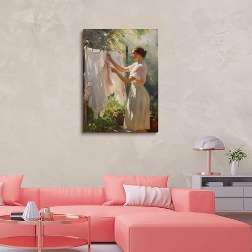 Farmhouse Laundry Wall Art,Woman Clothesline Painting,Clothes on Line Print,Vintage Clothesline Art,Vintage Laundry Room Art Print,Rustic Antique Farmhouse Decor20x30inch Framed Art - Image 5