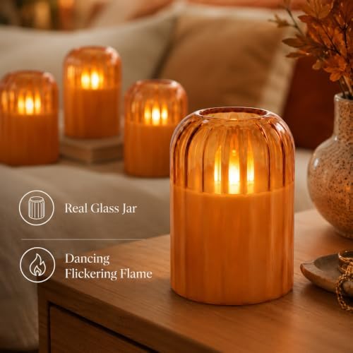 Fall Decorations for Home, Orange Glass Flameless Candles with Remote & Timer, Set of 4 Real Wax LED Pillar Candles with Dancing Flickering Flame, 3" x 4"/5", Halloween Thanksgiving Christmas Decor - Image 3