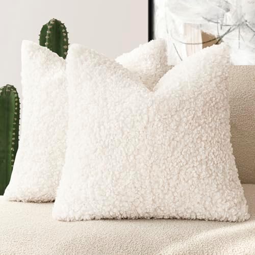 Foindtower Decorative Fuzzy Faux Fur Throw Pillow Covers 24x24 Inch White by Foindtower