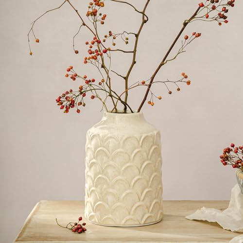 Ceramic Flower Vase, 7.28” Rustic Farmhouse Decorative Vase for Home Decor, Beige Textured Pottery Vase for Pampas Grass, Living Room, Entryway, Mantel, Kitchen Table, Centerpiece - Image 5
